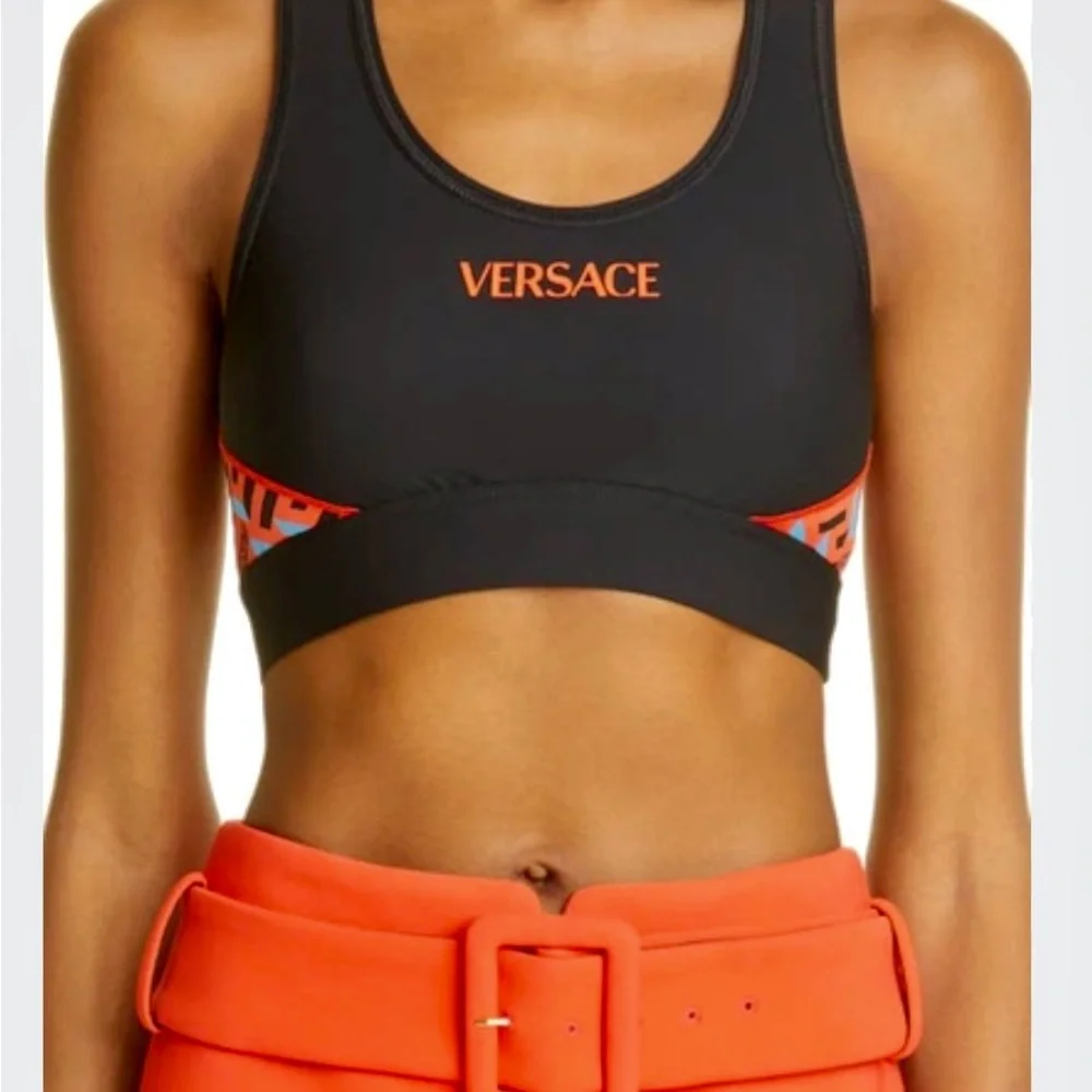 VERSACE NWT LA GRECA SIGNATURE ACCENT SPORTS BRA, BLACK/ORANGE, SIZE 4 (LG) - Picture 3 of 15